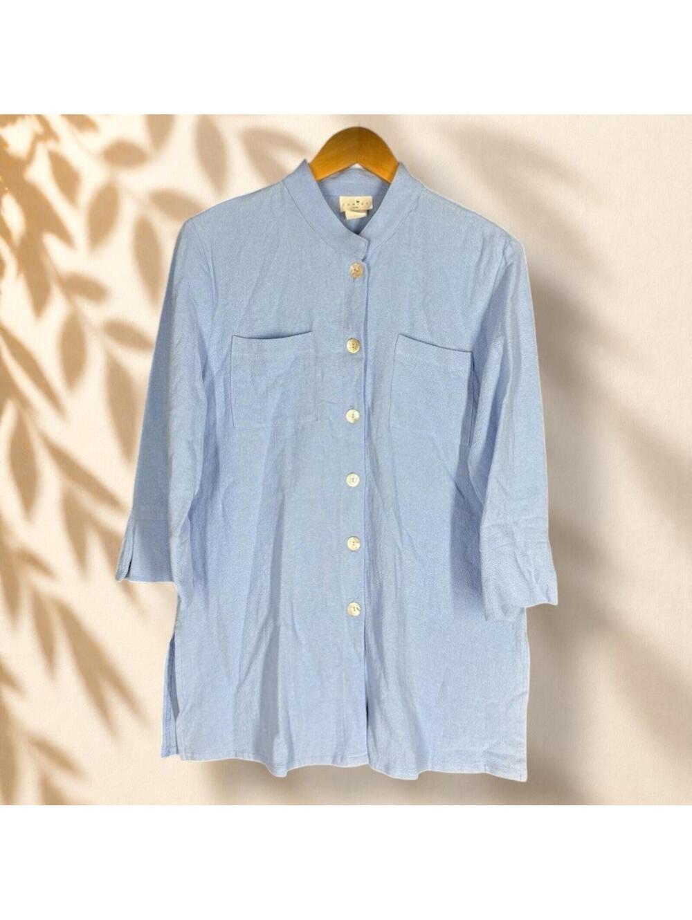 Caribe Button Up Top Women S Small Blue Crew Neck 3/4 Sleeve Pockets Casual